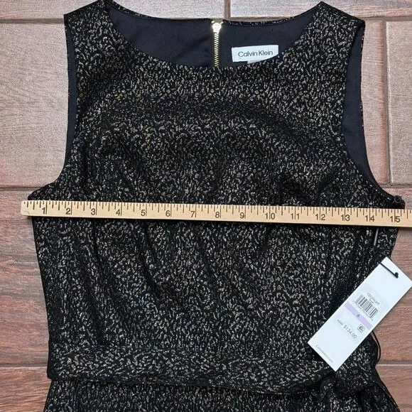 Calvin Klein Faux Wrap Dress Black Metallic Ruffle Hem Stretch Dress Sz 6 NWT - Picture 4 of 11
